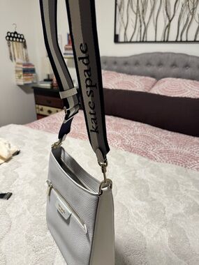 kate spade Light Gray Pebbled Leather Crossbody with Navy-Trim Branded Strap